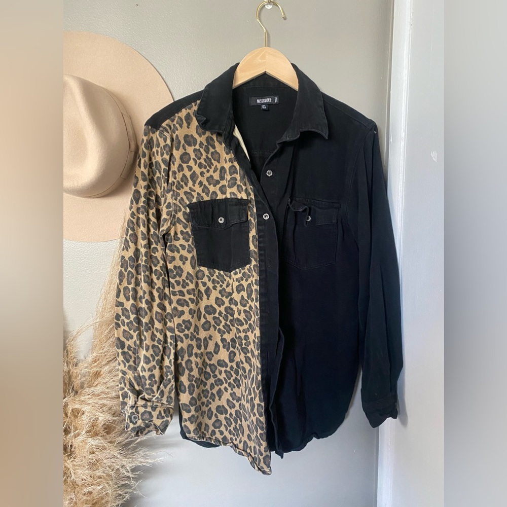 Missguided Leopard Colorblock Denim Shirt